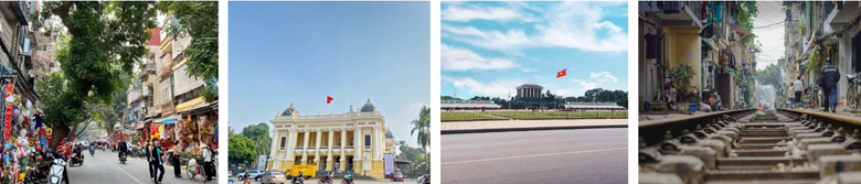 Four images: busy street, yellow building, mausoleum with flag, railroad through city.