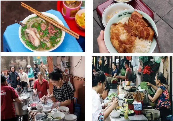 Collage: bowls of Vietnamese noodle dishes and people preparing food at market stalls.