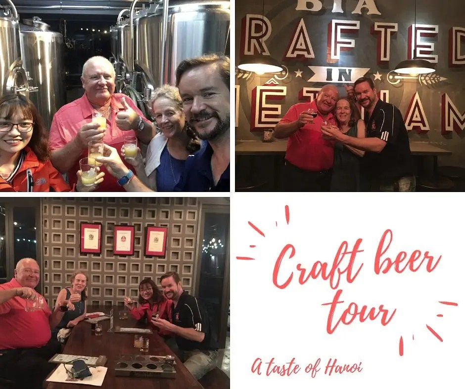 Group enjoying beer at brewery and tasting tour in Hanoi, Vietnam.
